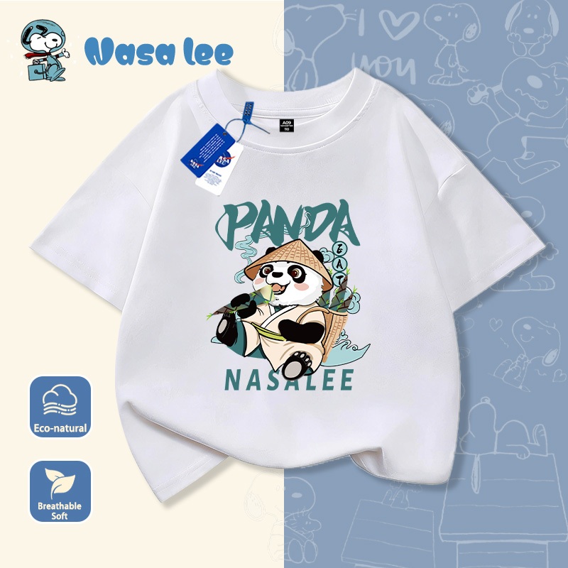 Áo thun tay ngắn trẻ em in gấu trúc hoạt hình, chất liệu 100% cotton, mẫu mới mùa hè cho bé trai và bé gái từ trung bình đến lớn.