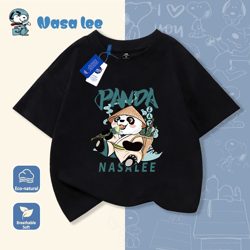 Áo thun tay ngắn trẻ em in gấu trúc hoạt hình, chất liệu 100% cotton, mẫu mới mùa hè cho bé trai và bé gái từ trung bình đến lớn.