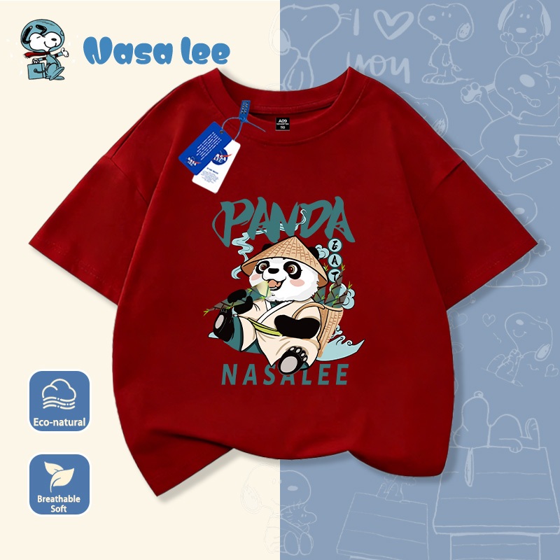 Áo thun tay ngắn trẻ em in gấu trúc hoạt hình, chất liệu 100% cotton, mẫu mới mùa hè cho bé trai và bé gái từ trung bình đến lớn.
