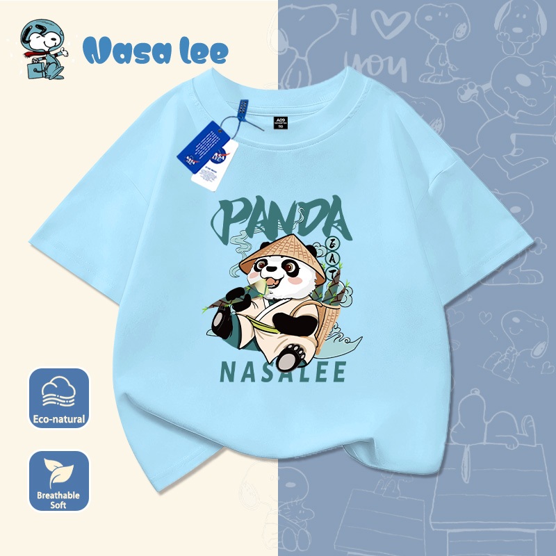 Áo thun tay ngắn trẻ em in gấu trúc hoạt hình, chất liệu 100% cotton, mẫu mới mùa hè cho bé trai và bé gái từ trung bình đến lớn.