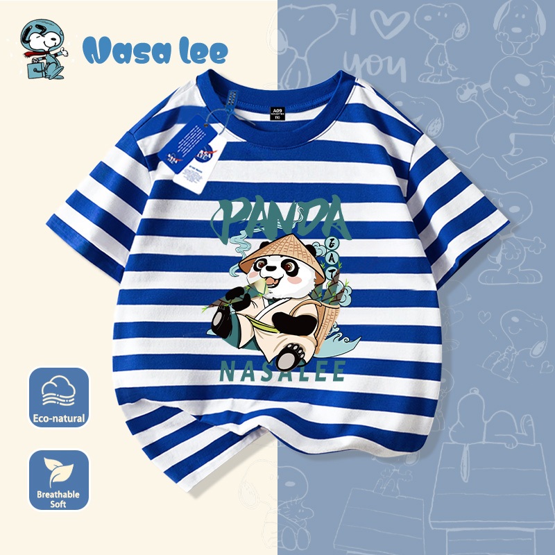 Áo thun tay ngắn trẻ em in gấu trúc hoạt hình, chất liệu 100% cotton, mẫu mới mùa hè cho bé trai và bé gái từ trung bình đến lớn.