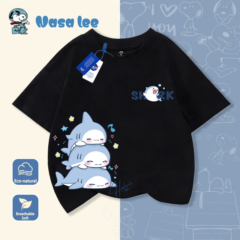 Áo thun tay ngắn trẻ em in hình cá mập NASA, chất liệu 100% cotton, mẫu mới mùa hè 2026, áo cộc tay cho bé trai và áo thun cho bé gái