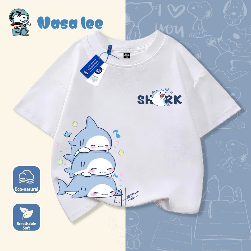 Áo thun tay ngắn trẻ em in hình cá mập NASA, chất liệu 100% cotton, mẫu mới mùa hè 2026, áo cộc tay cho bé trai và áo thun cho bé gái