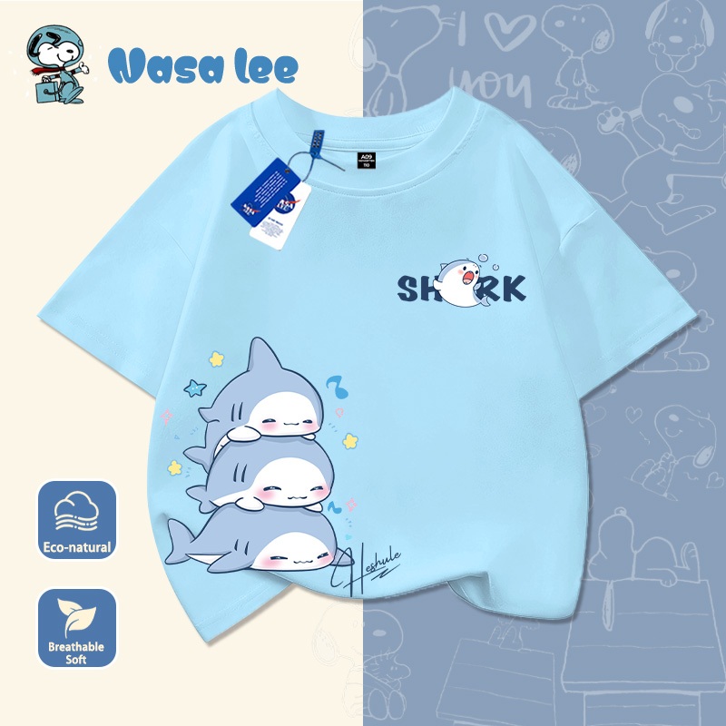 Áo thun tay ngắn trẻ em in hình cá mập NASA, chất liệu 100% cotton, mẫu mới mùa hè 2026, áo cộc tay cho bé trai và áo thun cho bé gái