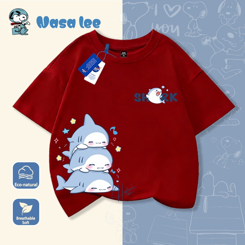 Áo thun tay ngắn trẻ em in hình cá mập NASA, chất liệu 100% cotton, mẫu mới mùa hè 2026, áo cộc tay cho bé trai và áo thun cho bé gái