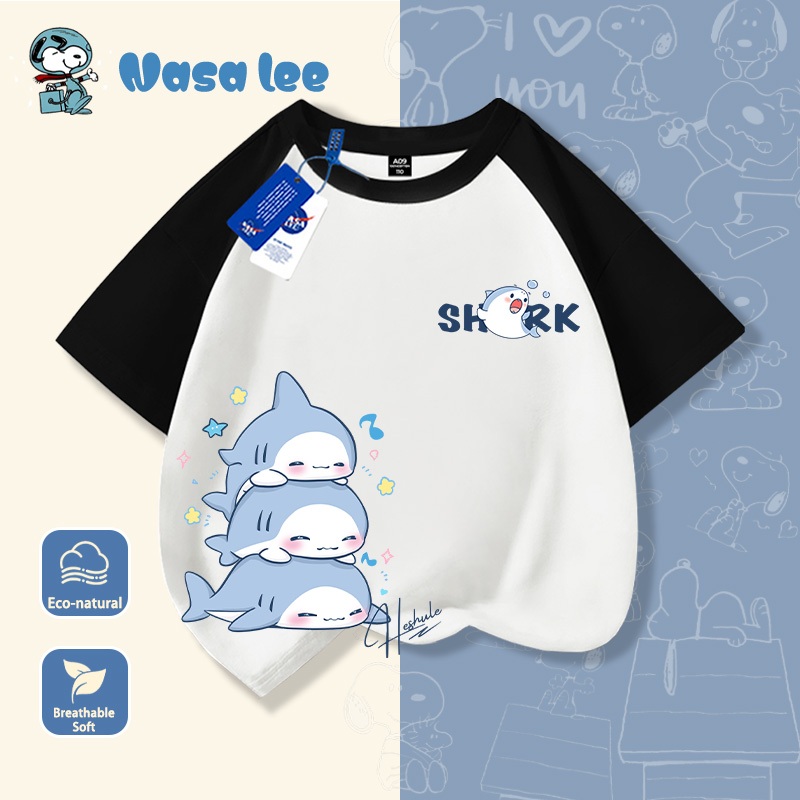 Áo thun tay ngắn trẻ em in hình cá mập NASA, chất liệu 100% cotton, mẫu mới mùa hè 2026, áo cộc tay cho bé trai và áo thun cho bé gái