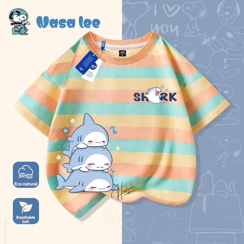 Áo thun tay ngắn trẻ em in hình cá mập NASA, chất liệu 100% cotton, mẫu mới mùa hè 2026, áo cộc tay cho bé trai và áo thun cho bé gái