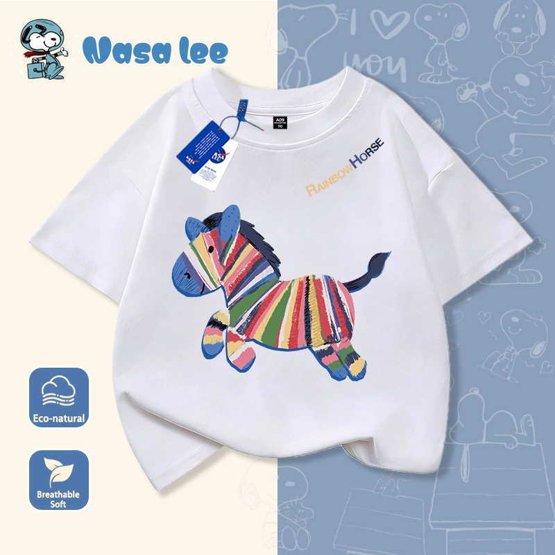 Áo thun tay ngắn trẻ em chất liệu cotton trắng, in hình ngựa vằn cầu vồng, mẫu mới mùa hè 2026, áo thun rộng rãi thoải mái cho bé trai và bé gái, áo cộc tay cho trẻ từ trung bình đến lớn.
