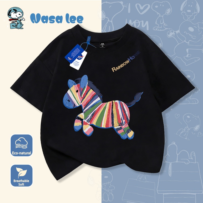 Áo thun tay ngắn trẻ em chất liệu cotton trắng, in hình ngựa vằn cầu vồng, mẫu mới mùa hè 2026, áo thun rộng rãi thoải mái cho bé trai và bé gái, áo cộc tay cho trẻ từ trung bình đến lớn.
