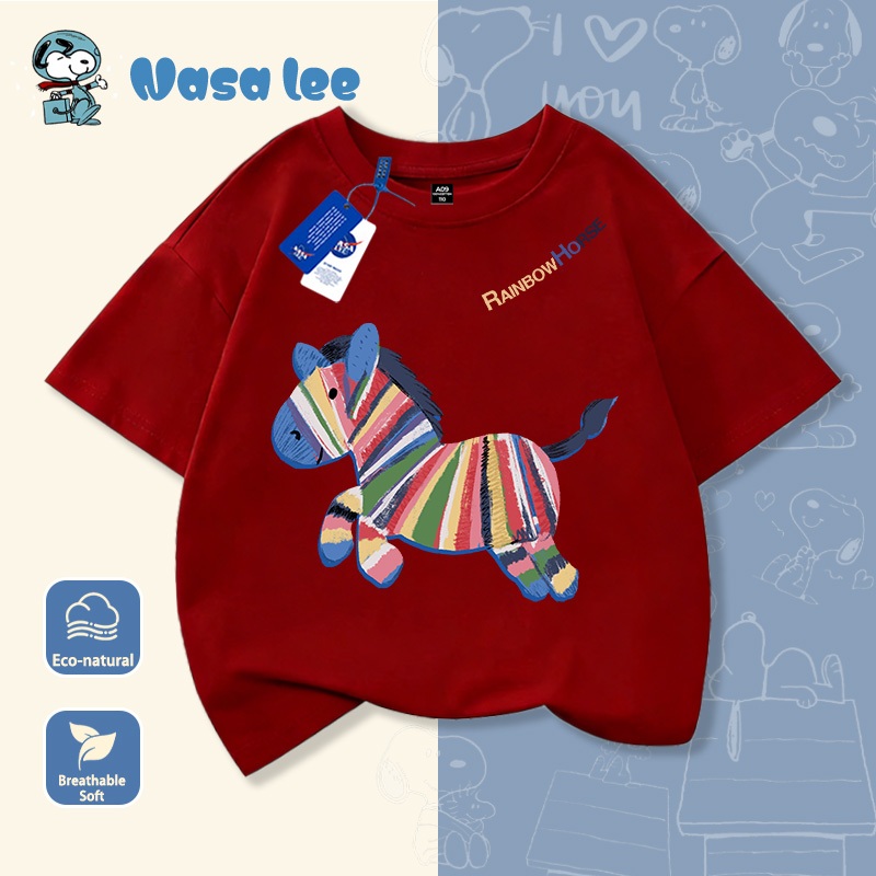 Áo thun tay ngắn trẻ em chất liệu cotton trắng, in hình ngựa vằn cầu vồng, mẫu mới mùa hè 2026, áo thun rộng rãi thoải mái cho bé trai và bé gái, áo cộc tay cho trẻ từ trung bình đến lớn.