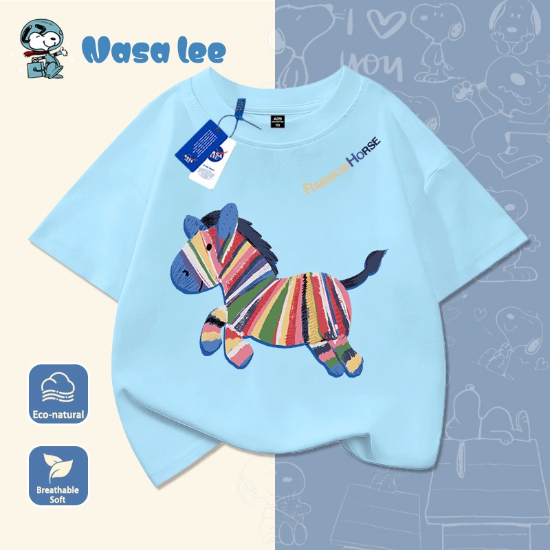 Áo thun tay ngắn trẻ em chất liệu cotton trắng, in hình ngựa vằn cầu vồng, mẫu mới mùa hè 2026, áo thun rộng rãi thoải mái cho bé trai và bé gái, áo cộc tay cho trẻ từ trung bình đến lớn.