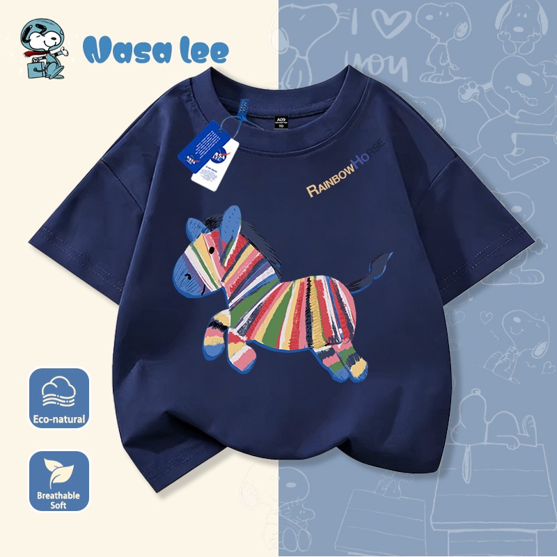 Áo thun tay ngắn trẻ em chất liệu cotton trắng, in hình ngựa vằn cầu vồng, mẫu mới mùa hè 2026, áo thun rộng rãi thoải mái cho bé trai và bé gái, áo cộc tay cho trẻ từ trung bình đến lớn.