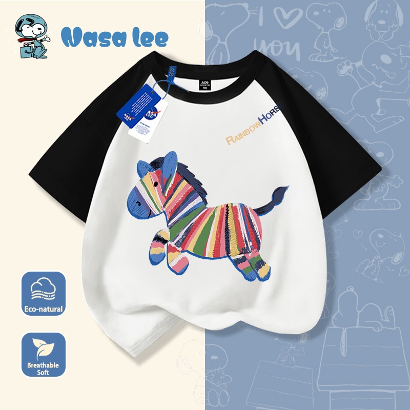 Áo thun tay ngắn trẻ em chất liệu cotton trắng, in hình ngựa vằn cầu vồng, mẫu mới mùa hè 2026, áo thun rộng rãi thoải mái cho bé trai và bé gái, áo cộc tay cho trẻ từ trung bình đến lớn.