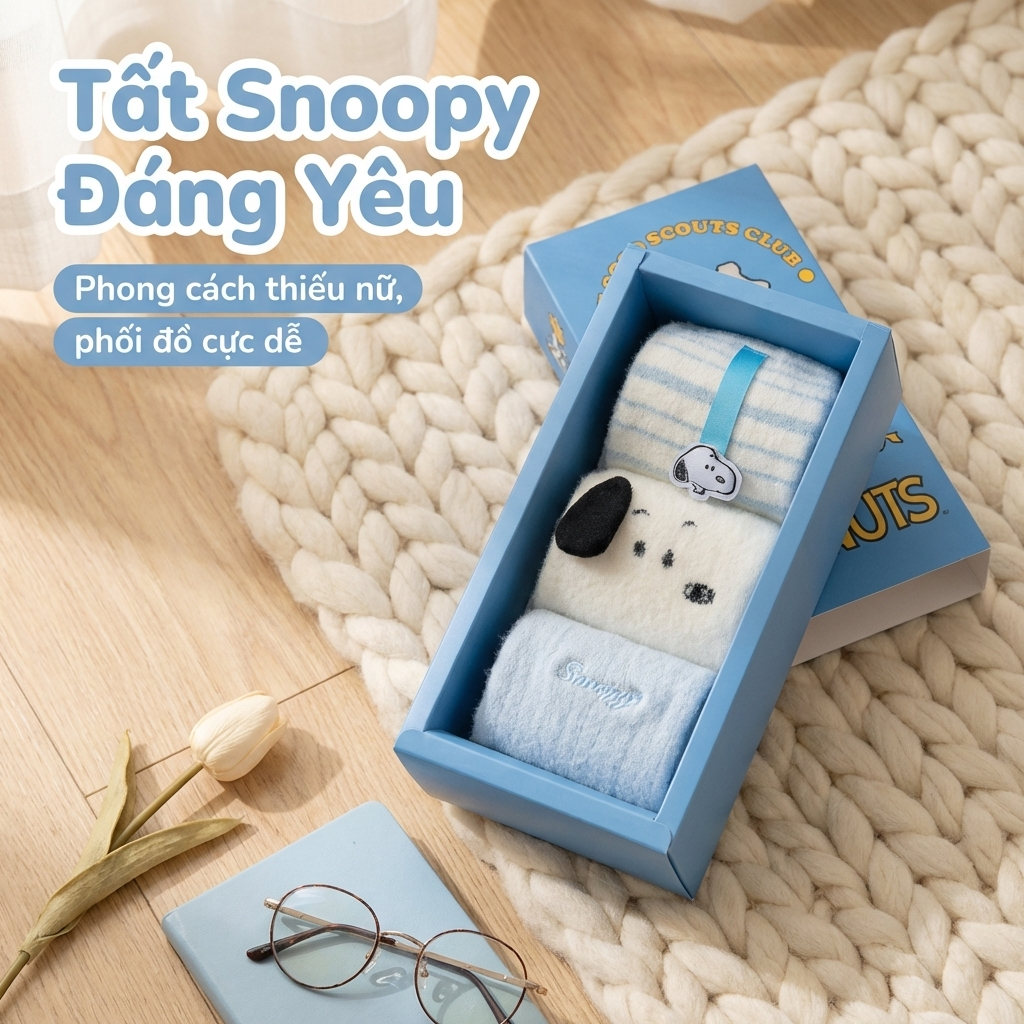 Tất Snoopy mùa đông lót dày len bông tuyết, ống giữa siêu ấm áp cho ngủ