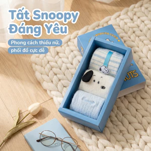 Tất Snoopy mùa đông lót dày len bông tuyết, ống giữa siêu ấm áp cho ngủ