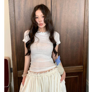 Nhẹ nhàng với áo thun cổ điển kiểu Pháp, ren mỏng và cotton nguyên chất, thiết kế vai ngắn, tạo dáng vẻ thanh lịch