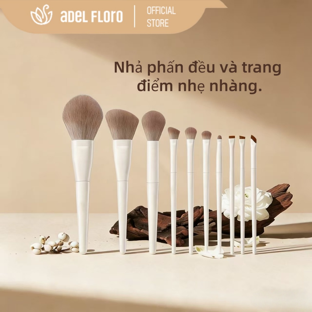 【Adel Floro】Ceramique Bộ Cọ Trang Điểm 10 Cây | Cọ mắt & mặt, Lông mềm mịn, Dễ lấy phấn, Đa năng