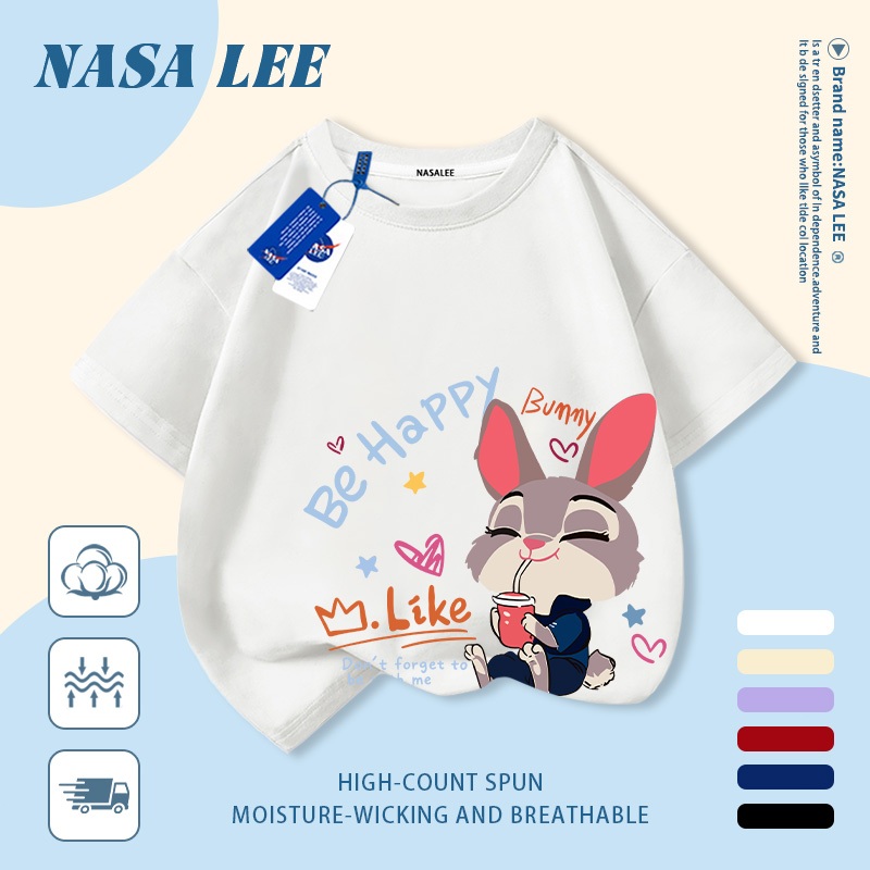 [Giao hàng trong ngày] Áo thun Cotton nguyên chất màu trắng cho trẻ em NASA Áo thun Cotton thoáng khí Thỏ in hợp thời trang 3-16 tuổi Bé trai bé gái tay ngắn thông thường