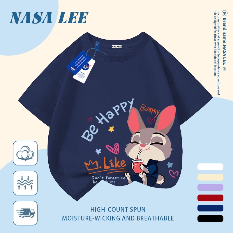 [Giao hàng trong ngày] Áo thun Cotton nguyên chất màu trắng cho trẻ em NASA Áo thun Cotton thoáng khí Thỏ in hợp thời trang 3-16 tuổi Bé trai bé gái tay ngắn thông thường