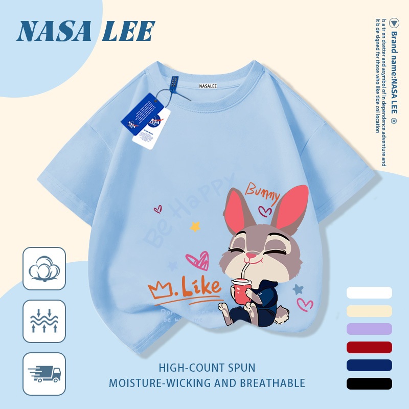 [Giao hàng trong ngày] Áo thun Cotton nguyên chất màu trắng cho trẻ em NASA Áo thun Cotton thoáng khí Thỏ in hợp thời trang 3-16 tuổi Bé trai bé gái tay ngắn thông thường