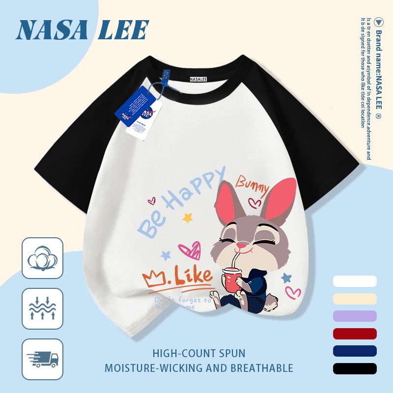 [Giao hàng trong ngày] Áo thun Cotton nguyên chất màu trắng cho trẻ em NASA Áo thun Cotton thoáng khí Thỏ in hợp thời trang 3-16 tuổi Bé trai bé gái tay ngắn thông thường