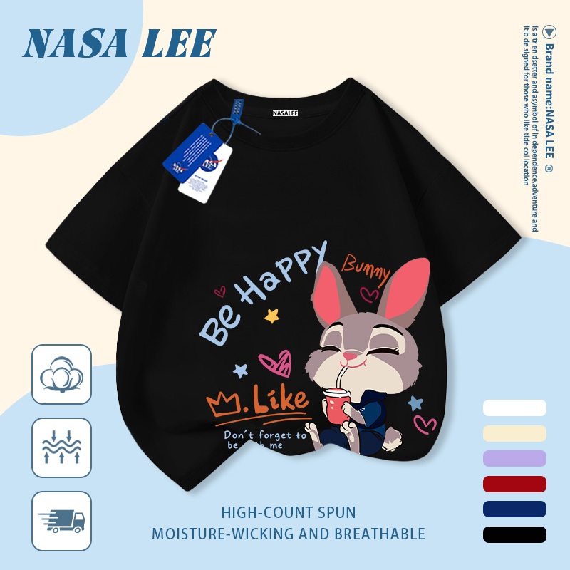 [Giao hàng trong ngày] Áo thun Cotton nguyên chất màu trắng cho trẻ em NASA Áo thun Cotton thoáng khí Thỏ in hợp thời trang 3-16 tuổi Bé trai bé gái tay ngắn thông thường