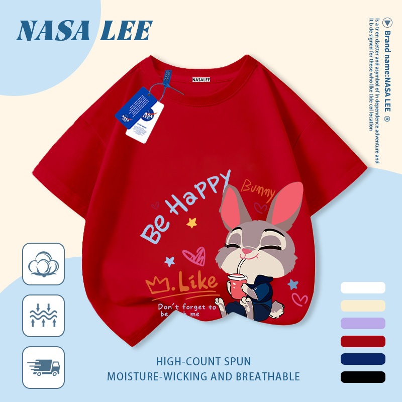 [Giao hàng trong ngày] Áo thun Cotton nguyên chất màu trắng cho trẻ em NASA Áo thun Cotton thoáng khí Thỏ in hợp thời trang 3-16 tuổi Bé trai bé gái tay ngắn thông thường
