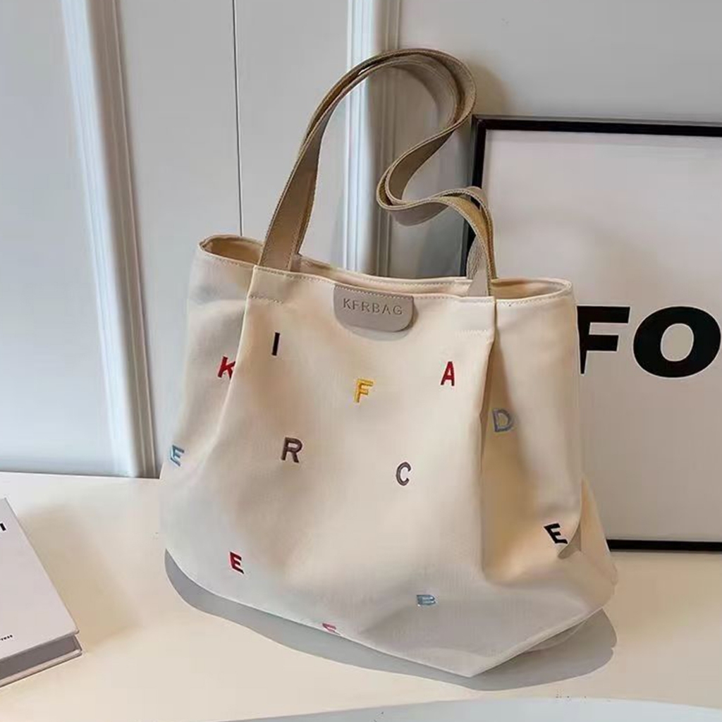 Jfory Túi vải canvas dung tích lớn mới có chữ thêu, túi tote đeo vai tươi tắn và sành điệu.