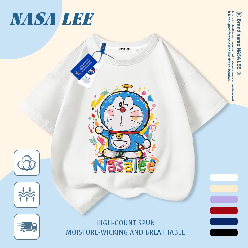 [Giao hàng trong ngày] Áo thun Cotton thoáng khí màu trắng cho trẻ em của NASA Doremon in hợp thời trang 3-16 tuổi Bé trai bé gái tay ngắn thông thường