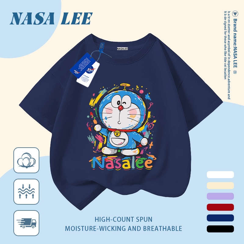 [Giao hàng trong ngày] Áo thun Cotton thoáng khí màu trắng cho trẻ em của NASA Doremon in hợp thời trang 3-16 tuổi Bé trai bé gái tay ngắn thông thường