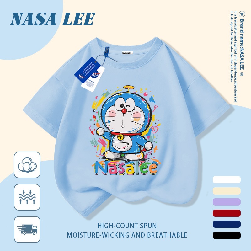 [Giao hàng trong ngày] Áo thun Cotton thoáng khí màu trắng cho trẻ em của NASA Doremon in hợp thời trang 3-16 tuổi Bé trai bé gái tay ngắn thông thường