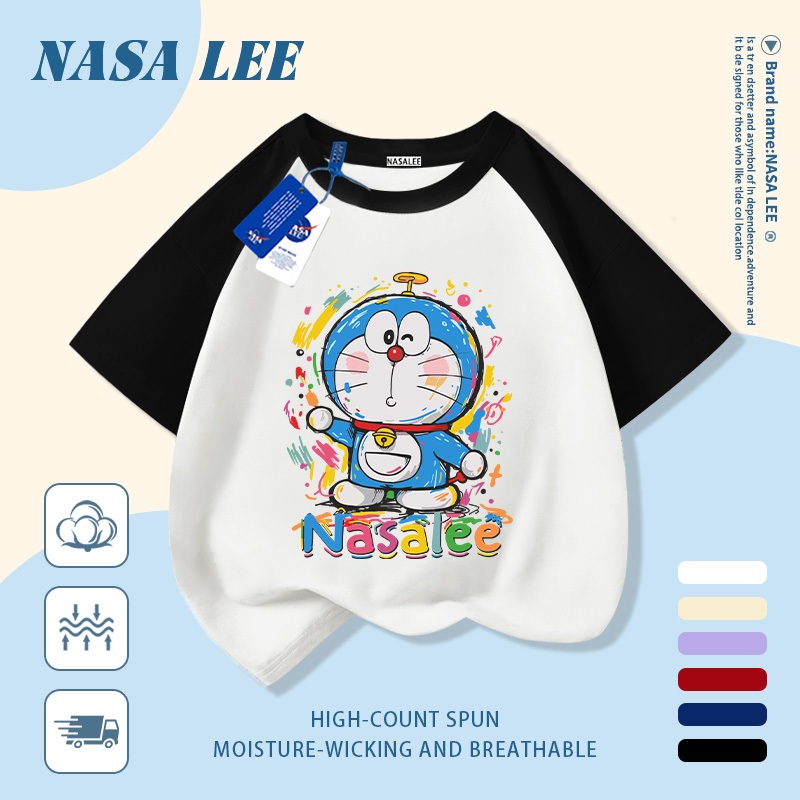 [Giao hàng trong ngày] Áo thun Cotton thoáng khí màu trắng cho trẻ em của NASA Doremon in hợp thời trang 3-16 tuổi Bé trai bé gái tay ngắn thông thường
