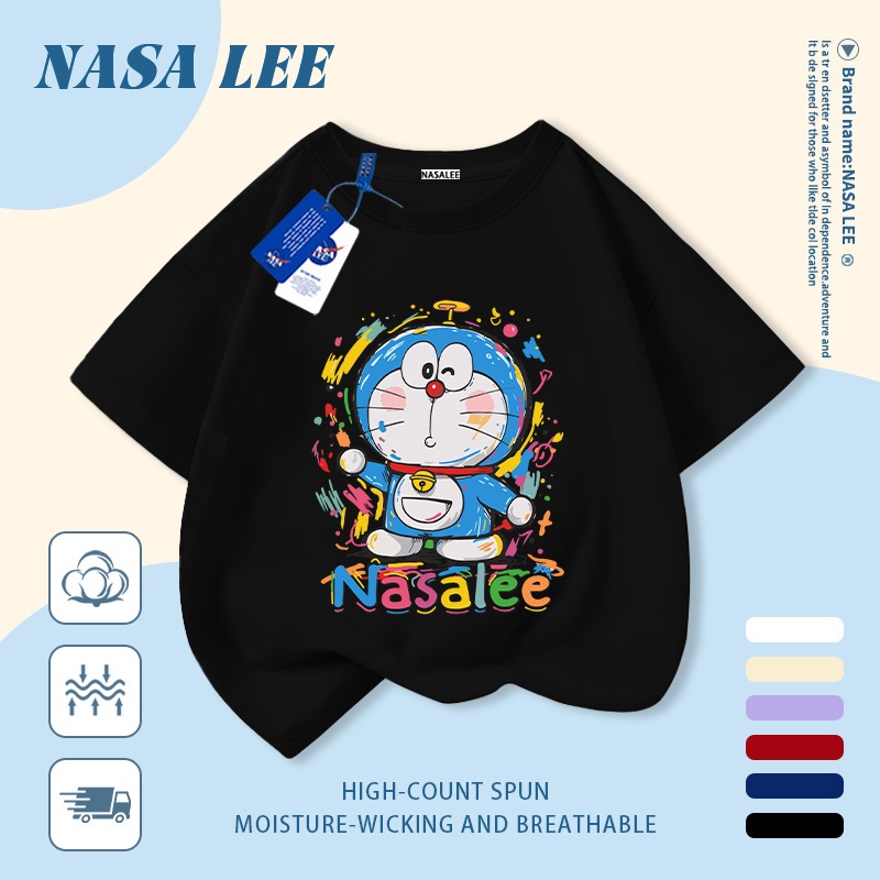 [Giao hàng trong ngày] Áo thun Cotton thoáng khí màu trắng cho trẻ em của NASA Doremon in hợp thời trang 3-16 tuổi Bé trai bé gái tay ngắn thông thường