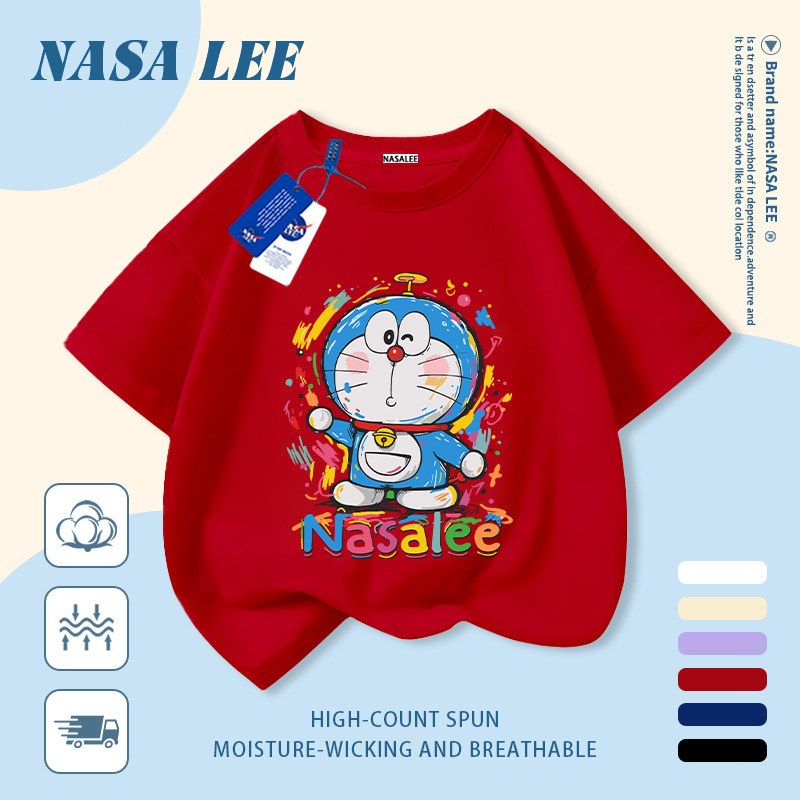 [Giao hàng trong ngày] Áo thun Cotton thoáng khí màu trắng cho trẻ em của NASA Doremon in hợp thời trang 3-16 tuổi Bé trai bé gái tay ngắn thông thường