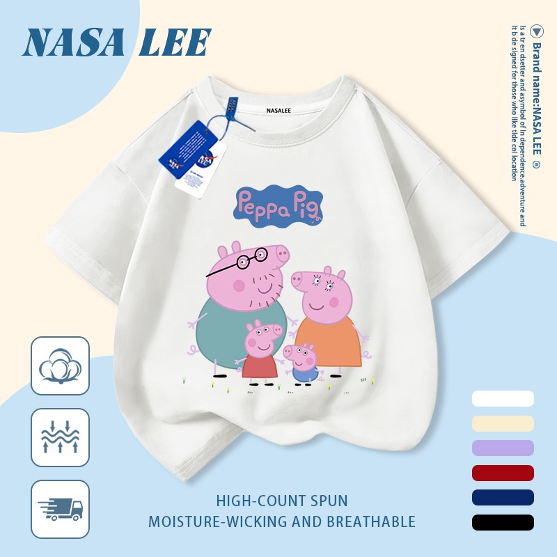 [Giao hàng trong ngày] Áo thun Cotton thoáng khí màu trắng cho trẻ em NASA Piglet Peppa In hợp thời trang bé trai 3-16 tuổi bé gái tay ngắn thông thường