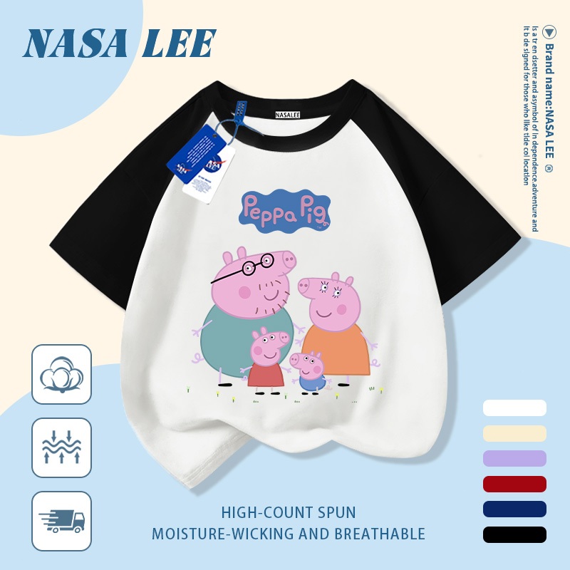 [Giao hàng trong ngày] Áo thun Cotton thoáng khí màu trắng cho trẻ em NASA Piglet Peppa In hợp thời trang bé trai 3-16 tuổi bé gái tay ngắn thông thường