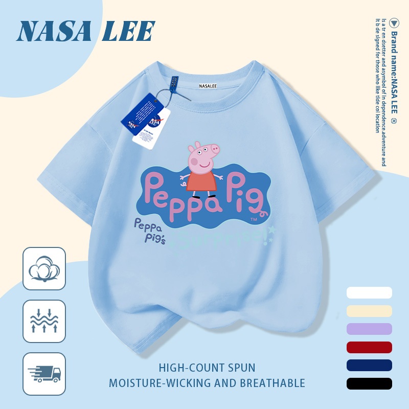 [Giao hàng trong ngày] Áo thun Cotton trắng nguyên chất thoáng khí cho trẻ em NASA Piglet Peppa In hình hợp thời trang bé trai 3-16 tuổi bé gái tay ngắn thông thường 2
