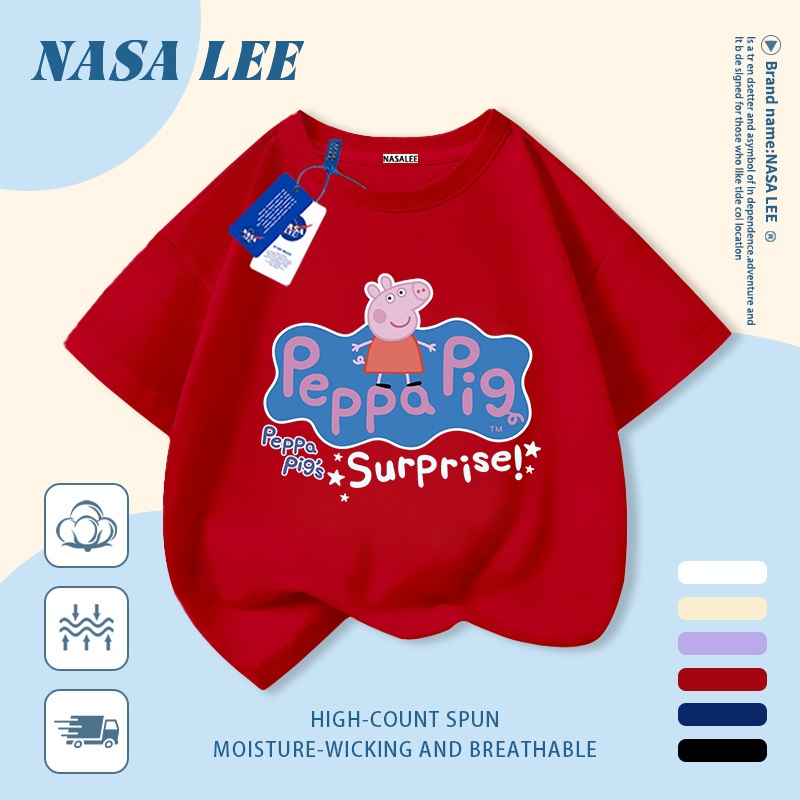 [Giao hàng trong ngày] Áo thun Cotton trắng nguyên chất thoáng khí cho trẻ em NASA Piglet Peppa In hình hợp thời trang bé trai 3-16 tuổi bé gái tay ngắn thông thường 2