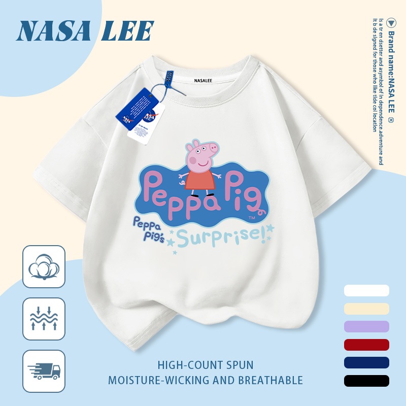 [Giao hàng trong ngày] Áo thun Cotton trắng nguyên chất thoáng khí cho trẻ em NASA Piglet Peppa In hình hợp thời trang bé trai 3-16 tuổi bé gái tay ngắn thông thường 2