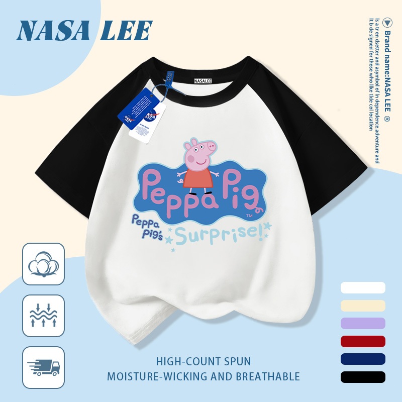 [Giao hàng trong ngày] Áo thun Cotton trắng nguyên chất thoáng khí cho trẻ em NASA Piglet Peppa In hình hợp thời trang bé trai 3-16 tuổi bé gái tay ngắn thông thường 2