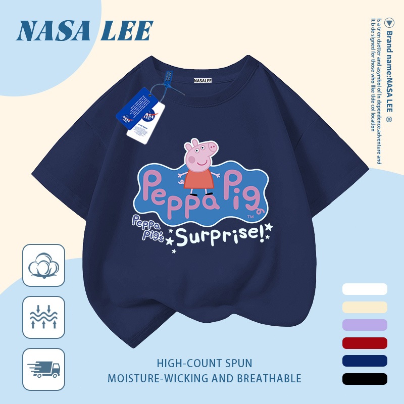 [Giao hàng trong ngày] Áo thun Cotton trắng nguyên chất thoáng khí cho trẻ em NASA Piglet Peppa In hình hợp thời trang bé trai 3-16 tuổi bé gái tay ngắn thông thường 2