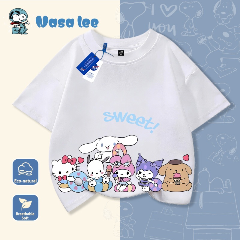 Áo phông ngắn tay cho bé gái lớn (6-14 tuổi), họa tiết NASA x Kuromi x Cinnamoroll x Kirby, Cotton 100% thoáng mát, Áo đôi mẹ con