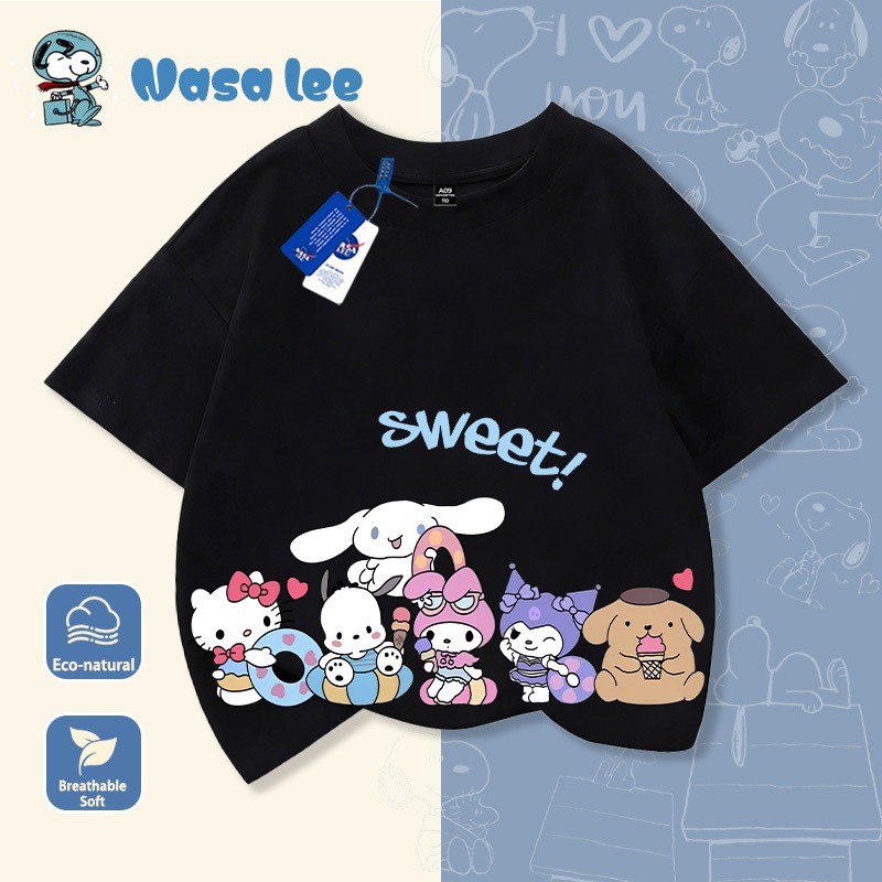 Áo phông ngắn tay cho bé gái lớn (6-14 tuổi), họa tiết NASA x Kuromi x Cinnamoroll x Kirby, Cotton 100% thoáng mát, Áo đôi mẹ con