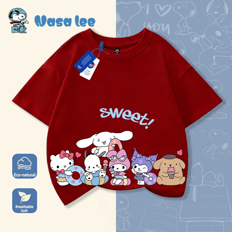 Áo phông ngắn tay cho bé gái lớn (6-14 tuổi), họa tiết NASA x Kuromi x Cinnamoroll x Kirby, Cotton 100% thoáng mát, Áo đôi mẹ con