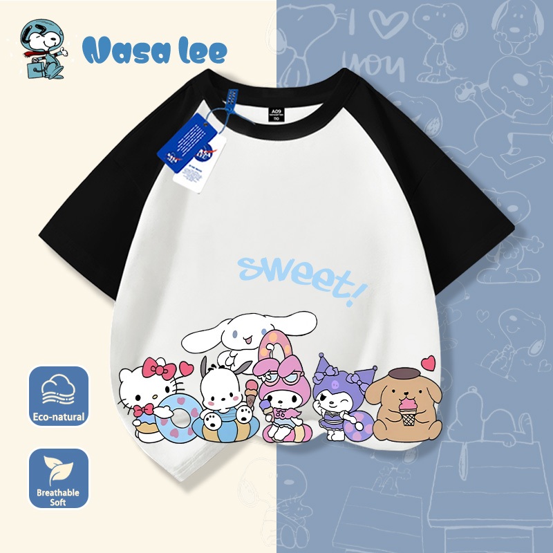Áo phông ngắn tay cho bé gái lớn (6-14 tuổi), họa tiết NASA x Kuromi x Cinnamoroll x Kirby, Cotton 100% thoáng mát, Áo đôi mẹ con