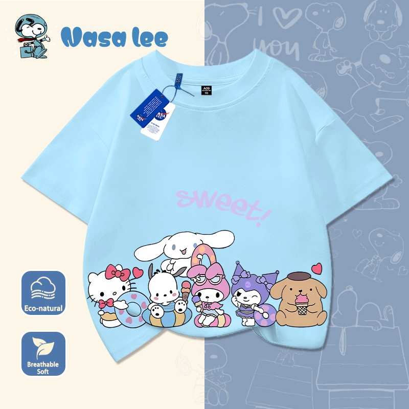 Áo phông ngắn tay cho bé gái lớn (6-14 tuổi), họa tiết NASA x Kuromi x Cinnamoroll x Kirby, Cotton 100% thoáng mát, Áo đôi mẹ con