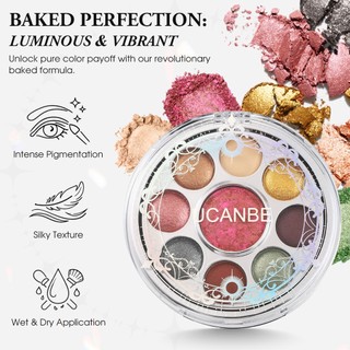 Bảng phấn mắt nướng UCANBE có má hồng, Bảng phấn mắt & phấn mắt màu cao 9 màu, Sắc thái lung linh kim loại lấp lánh có thể pha trộn, Thiết kế nhỏ gọn xoay