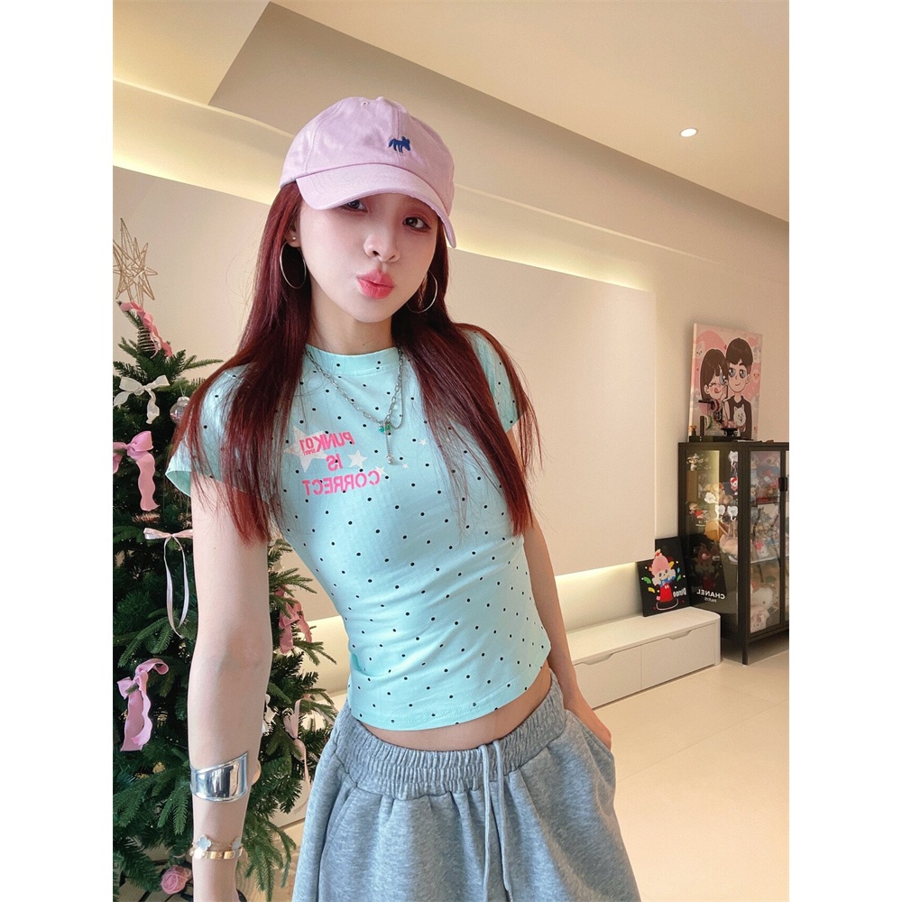[BANKO] Áo Thun Tay Ngắn Nữ Mùa Hè, Slim-Fit, Chấm Bi Màu Xanh Lá Cây