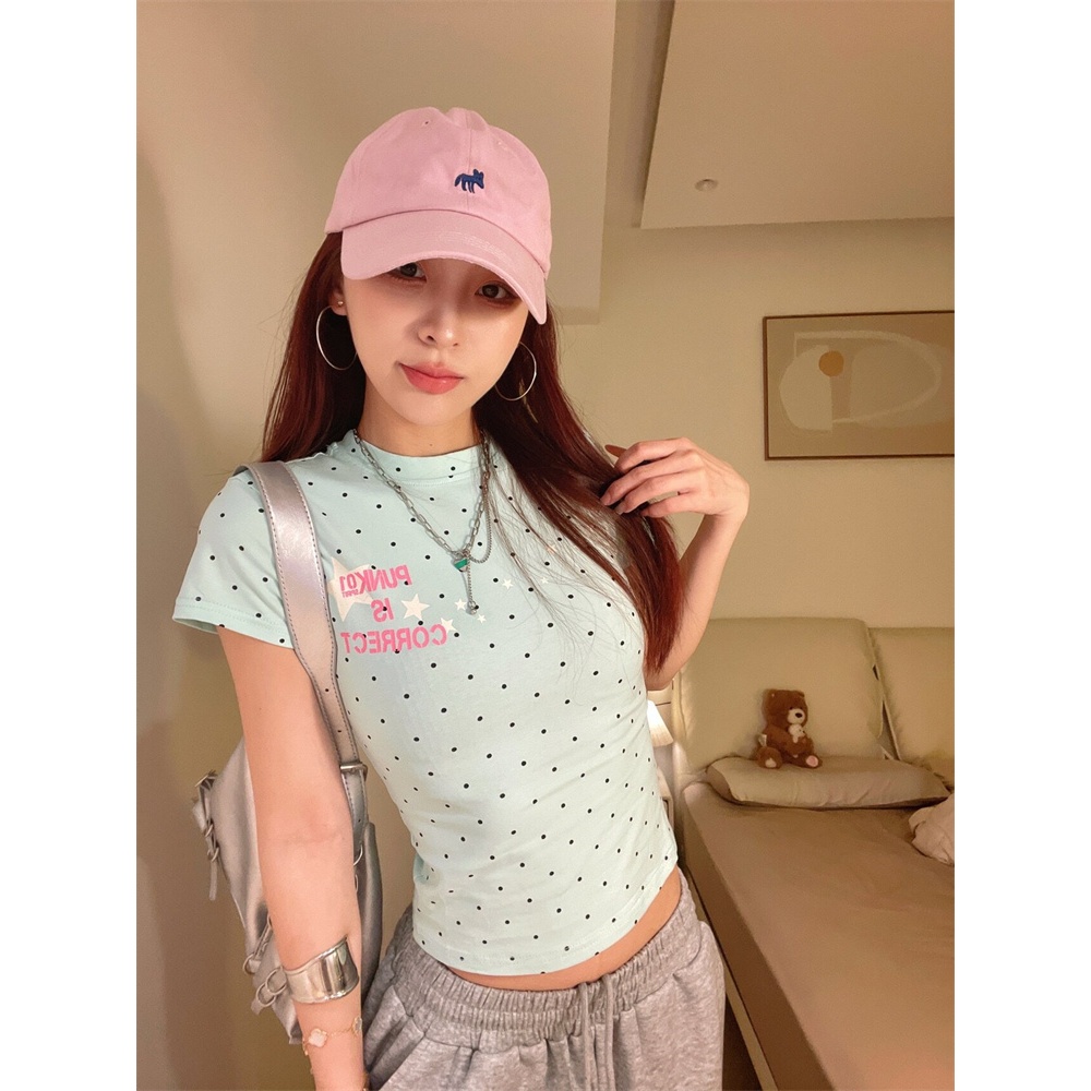 [BANKO] Áo Thun Tay Ngắn Nữ Mùa Hè, Slim-Fit, Chấm Bi Màu Xanh Lá Cây