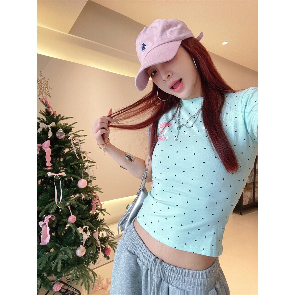 [BANKO] Áo Thun Tay Ngắn Nữ Mùa Hè, Slim-Fit, Chấm Bi Màu Xanh Lá Cây